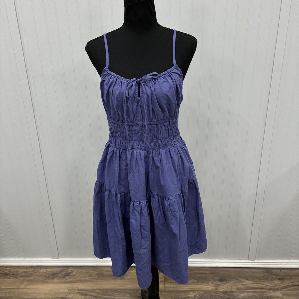 NWT Oak & Trellis Womens XL Blue Smocked Tiered Cami Sundress Keyhole Tie Front